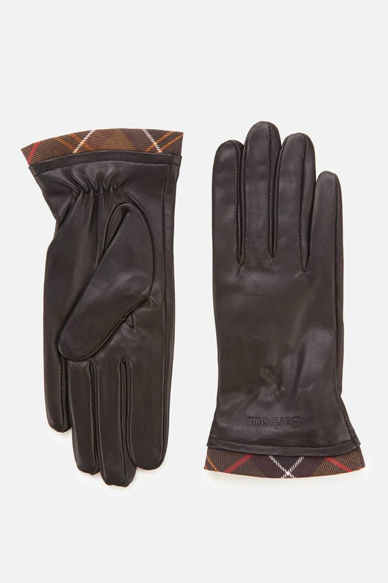 TARTAN TRIMMED LEATHER GLOVES BROWN